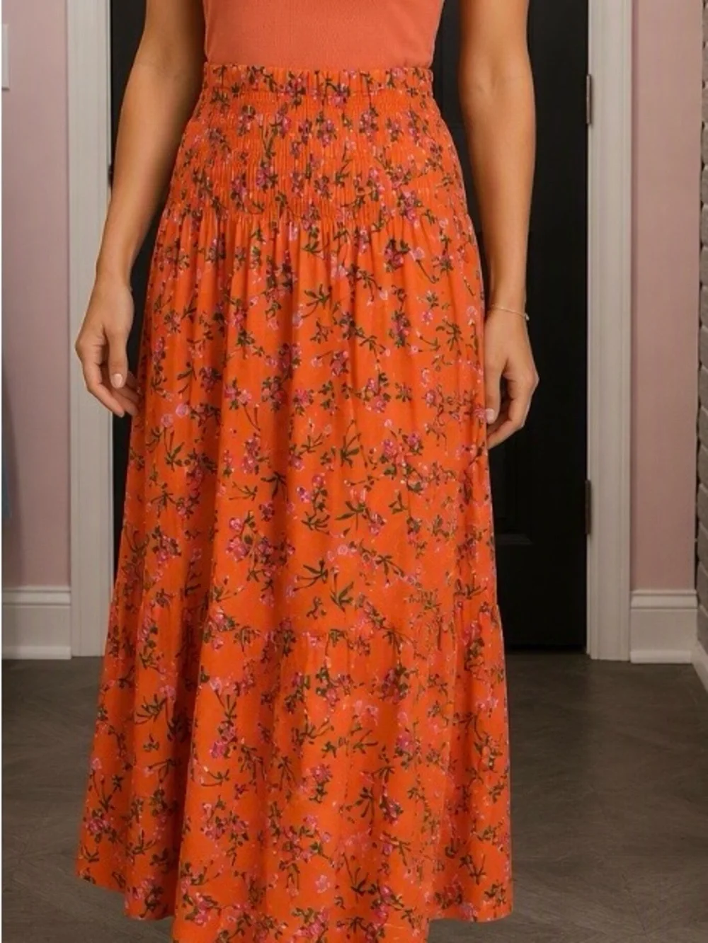 J. Crew Orange Floral Maxi Skirt with Smocked Waist